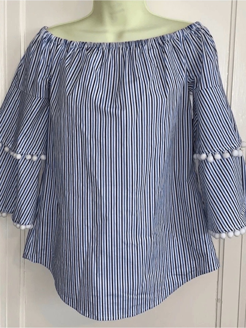 Belle Sky Blue and White Striped Off-Shoulder Pom-Pom Sleeve Blouse. XL